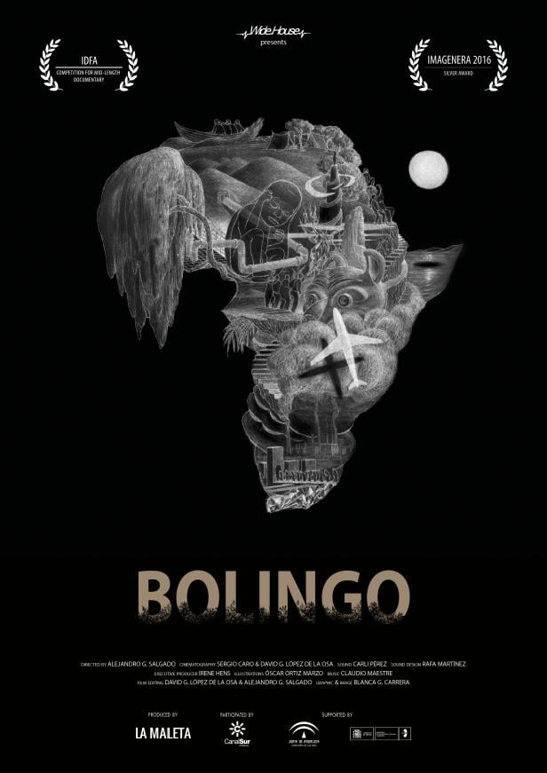 Das Filmplakat für „Bolingo“ zeigt eine Collage von afrikanischen Szenen in Form des Kontinents.