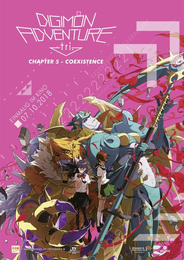 Das Poster für „Digimon Adventure tri. Chapter 5 – Coexistence“ zeigt Digimon und zwei junge Frauen.