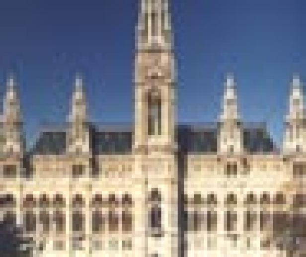 Das Wiener Rathaus mit seinem markanten Turm unter blauem Himmel.