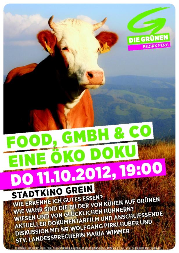 Ein Plakat für eine Öko-Dokumentation mit einer Kuh im Vordergrund und dem Logo der Grünen.