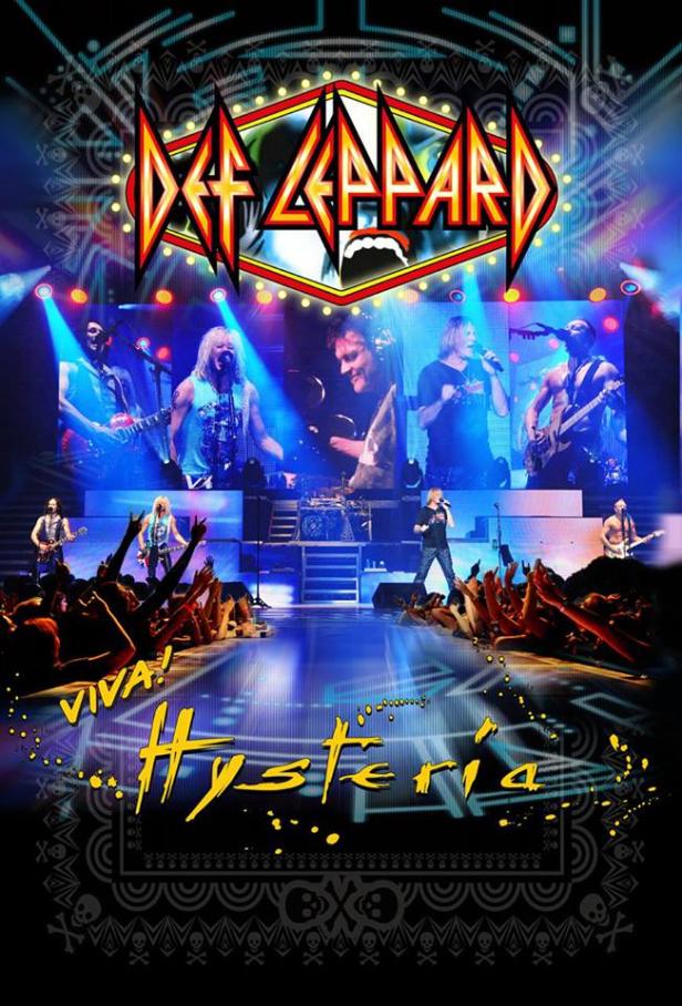 Die Band Def Leppard tritt vor jubelnden Fans auf einer Bühne auf, beworben mit „Viva! Hysteria“.