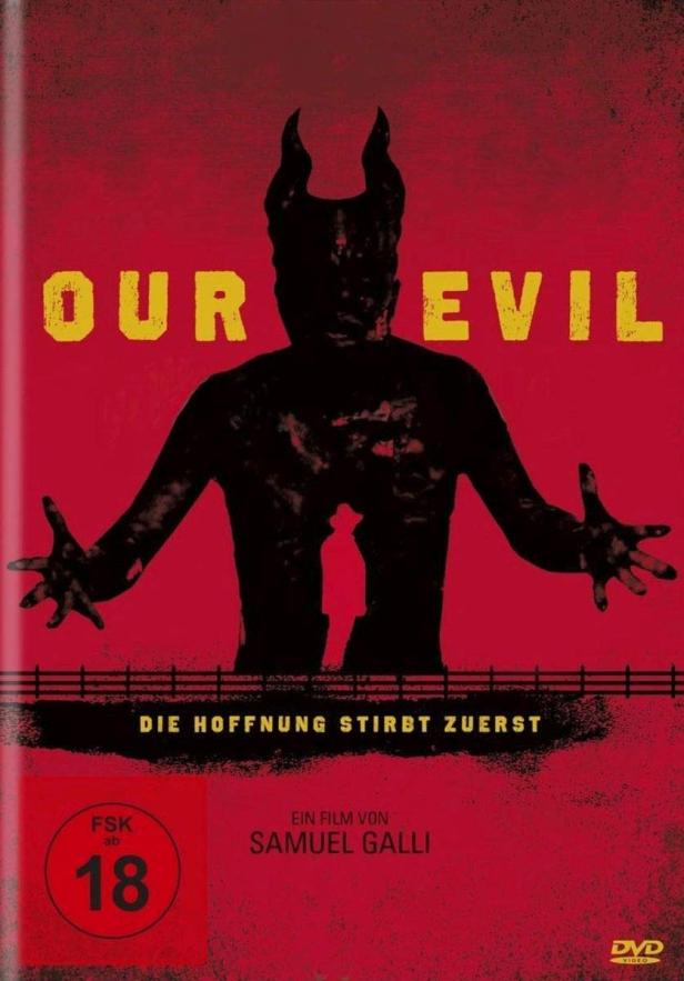 Das Cover des Films „Our Evil“ zeigt eine dunkle Gestalt mit Hörnern auf rotem Grund.