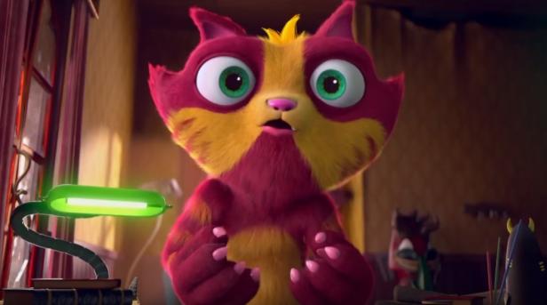 Eine animierte Katze mit großen Augen und einem überraschten Gesichtsausdruck.