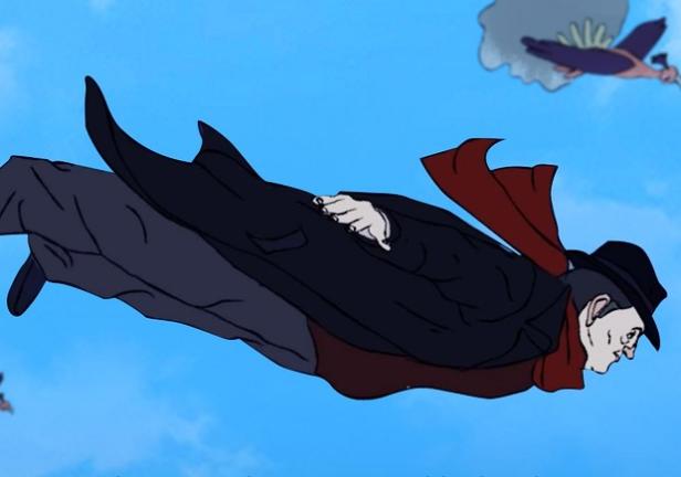 Ein Mann mit Hut und Umhang fliegt durch den Himmel.