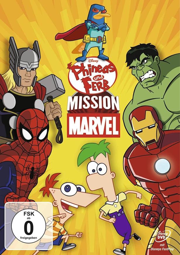 Das Cover von „Phineas und Ferb: Mission Marvel“ mit den Comicfiguren und Marvel-Superhelden.