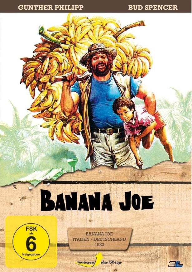 Das Filmplakat für „Banana Joe“ mit Bud Spencer und einem Jungen, der sich an ihn klammert, während er Bananen trägt.
