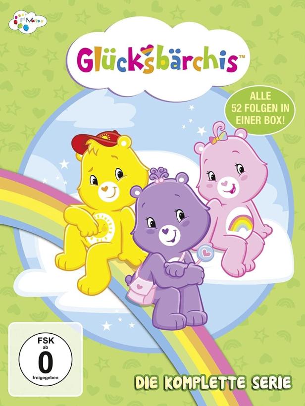 Cover der DVD-Box „Glücksbärchis – Die komplette Serie“ mit drei Bären und dem Hinweis auf 52 Folgen.