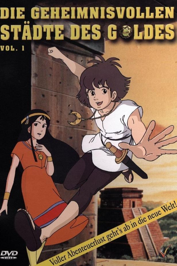 Das Cover von „Die geheimnisvollen Städte des Goldes, Vol. 1“ zeigt zwei Zeichentrickfiguren vor einer Maya-Pyramide.
