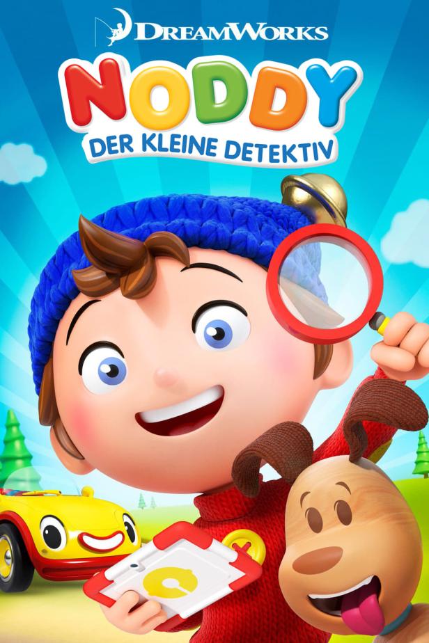 Noddy, der kleine Detektiv, mit Lupe und seinem Hund vor seinem gelben Auto.