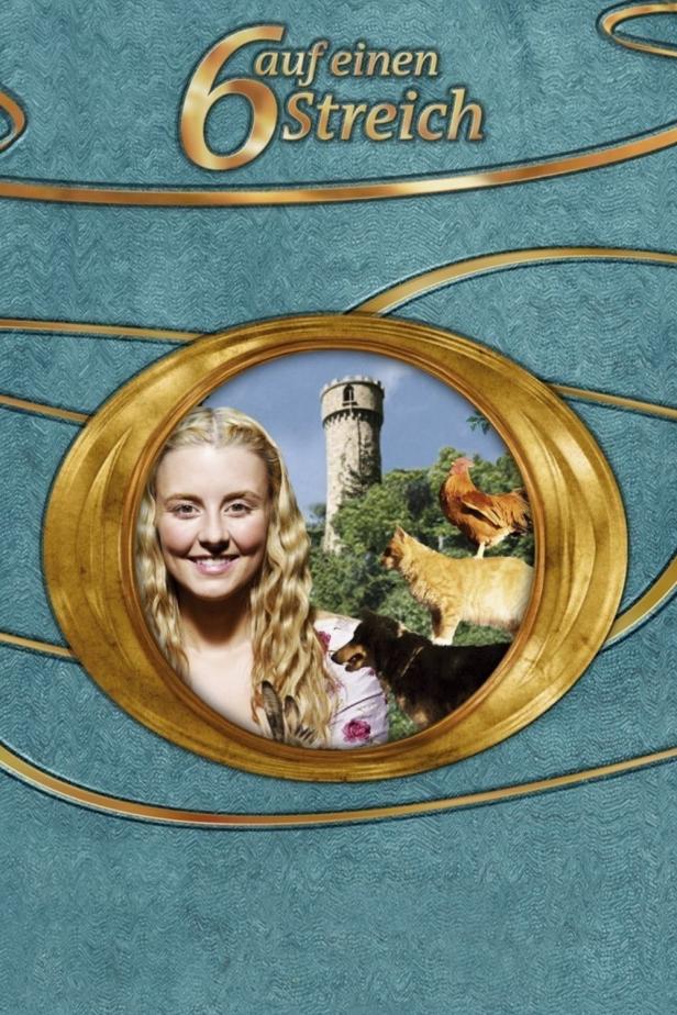 Das Cover von „6 auf einen Streich“ zeigt ein junges Mädchen mit Hund, Katze und Hahn vor einem Turm.