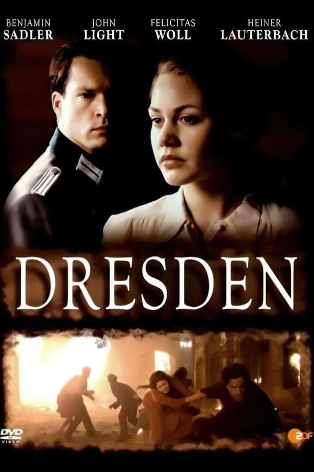 Das Filmplakat für „Dresden“ zeigt Benjamin Sadler und Felicitas Woll vor einer zerstörten Stadt.