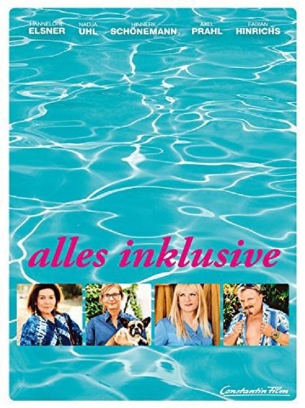 Das Filmplakat für „Alles Inklusive“ zeigt vier Personen vor einem Hintergrund, der Wasser darstellen soll.