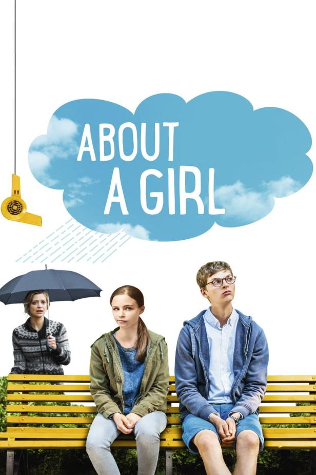Das Filmplakat für „About a Girl“ zeigt drei junge Menschen auf einer Bank.