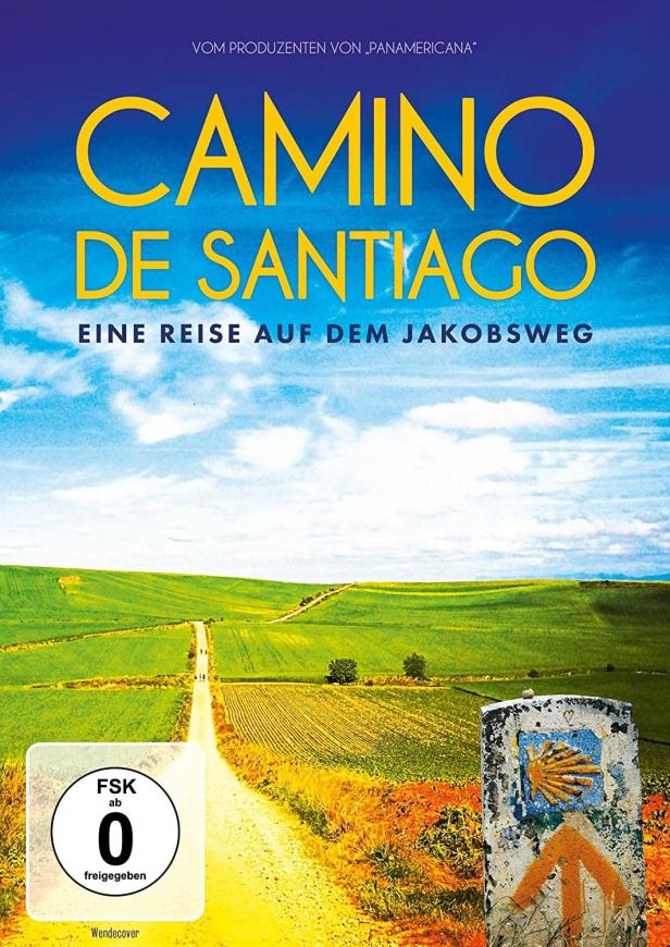 Das Cover des Films „Camino de Santiago: Eine Reise auf dem Jakobsweg“ zeigt eine grüne Landschaft.
