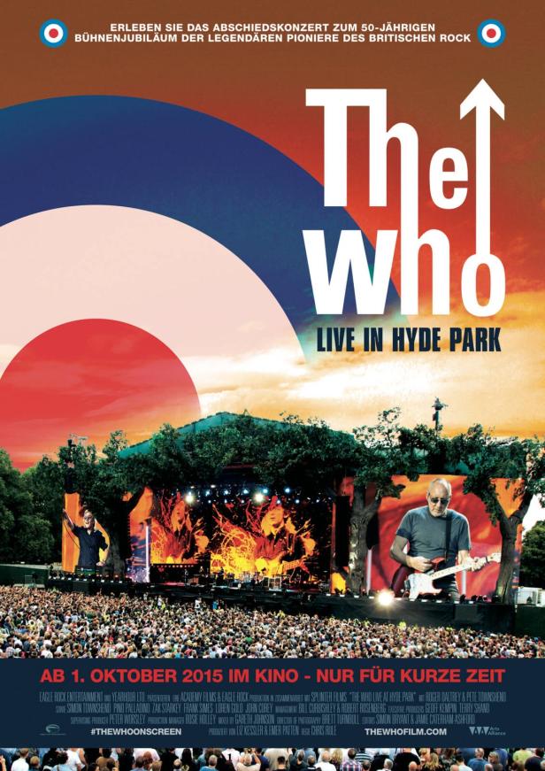 Das Filmplakat für „The Who: Live in Hyde Park“ zeigt die Band vor großem Publikum.