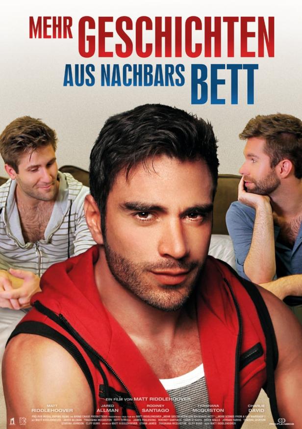 Das Filmplakat für „Mehr Geschichten aus Nachbars Bett“ zeigt drei Männer.
