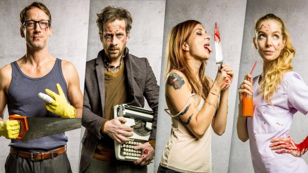 Vier Personen, dargestellt als Handwerker, Schriftsteller, Frau mit Messer und Krankenschwester, alle mit Blutspuren.