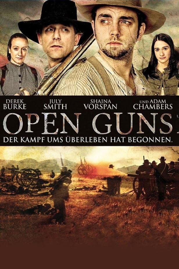 Das Filmplakat für „Open Guns“ zeigt bewaffnete Charaktere vor einer Schlachtfeld-Szene.