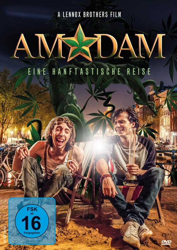 Das Filmplakat für „Am☆dam – Eine hanftastische Reise“ zeigt zwei Männer mit Cannabisbezug in Amsterdam.