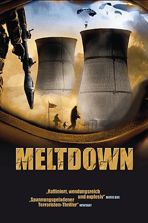 Das Filmplakat für „Meltdown“ zeigt ein Atomkraftwerk mit Terroristen und Fallschirmspringern.