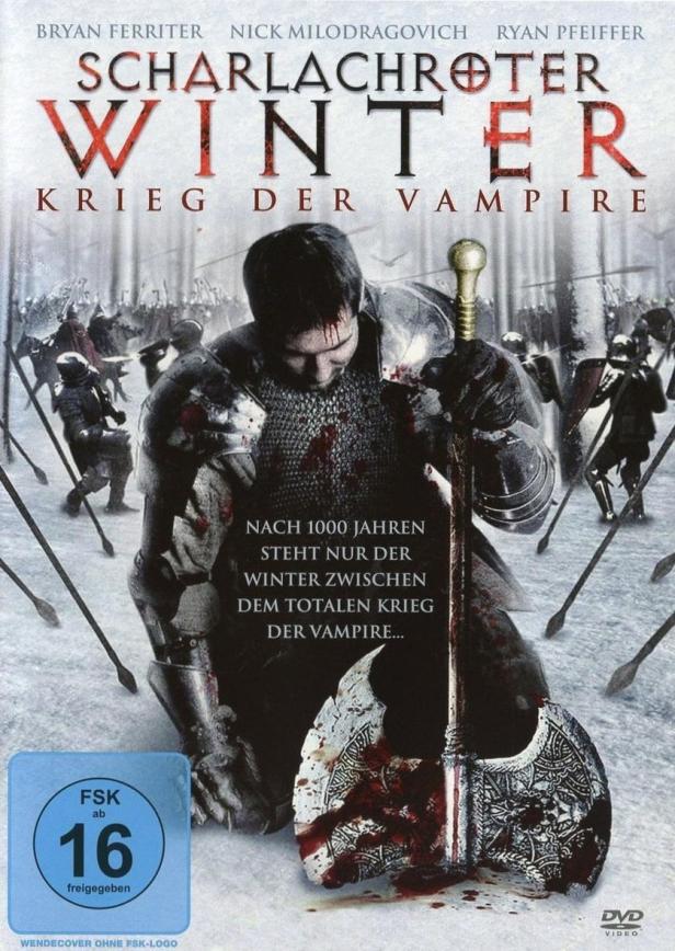 Das Cover des Films „Scharlachroter Winter: Krieg der Vampire“ zeigt einen Ritter mit einer Axt.