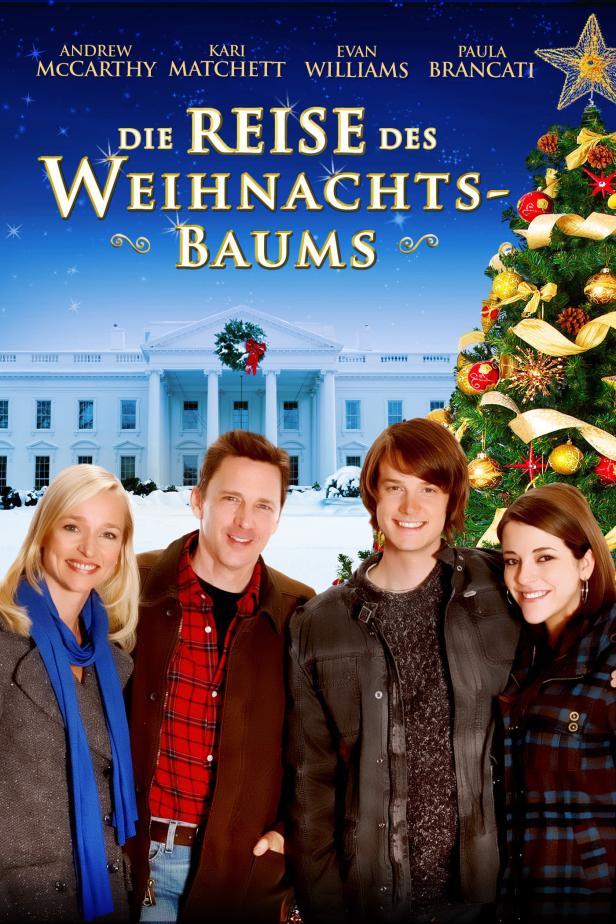 Das Filmplakat für „Die Reise des Weihnachtsbaums“ zeigt die Schauspieler vor dem Weißen Haus und einem Weihnachtsbaum.