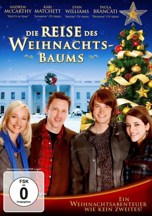 Das Filmplakat für „Die Reise des Weihnachtsbaums“ zeigt vier Schauspieler vor dem Weißen Haus und einem Weihnachtsbaum.