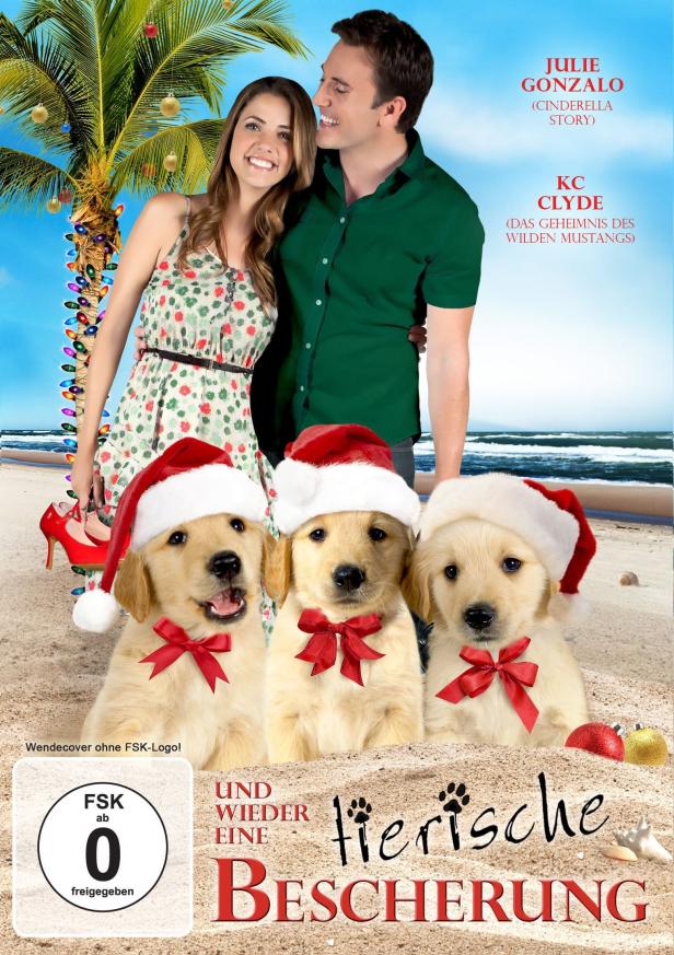 Das Filmplakat für „Und wieder eine tierische Bescherung“ mit Julie Gonzalo, KC Clyde und drei Golden Retriever Welpen mit Weihnachtsmützen.