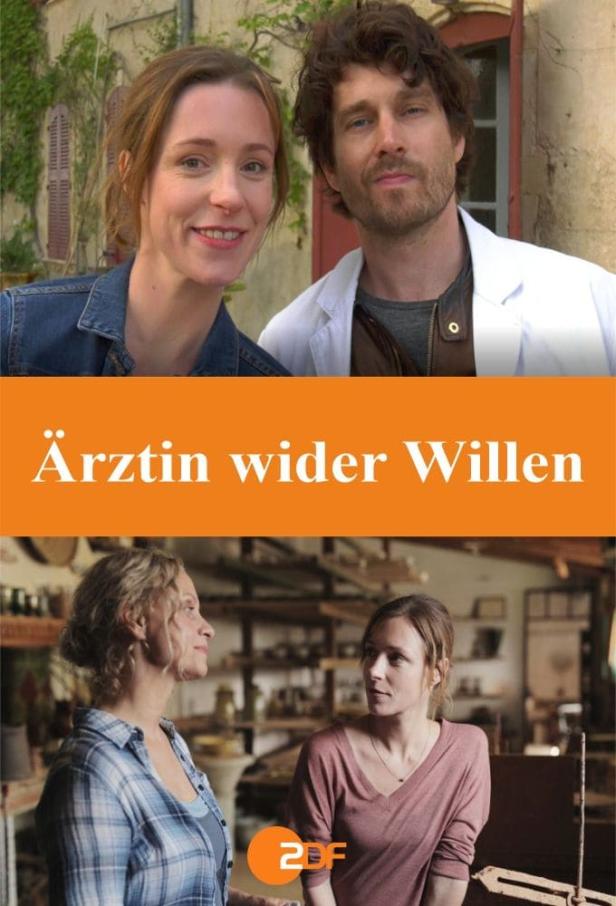 Das Filmplakat für „Ärztin wider Willen“ zeigt zwei Szenen mit den Hauptdarstellern.