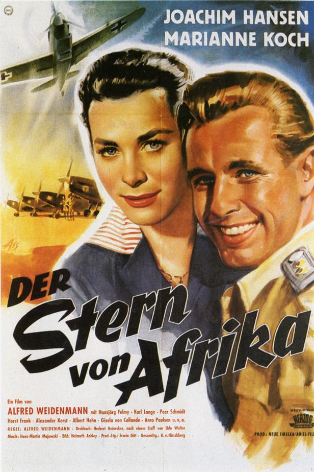 Das Filmplakat für „Der Stern von Afrika“ mit Joachim Hansen und Marianne Koch vor Flugzeugen.
