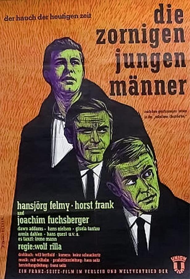 Das Filmplakat für „Die zornigen jungen Männer“ zeigt Hansjörg Felmy, Horst Frank und Joachim Fuchsberger.