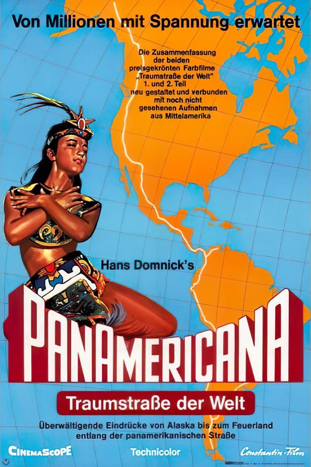 Das Filmplakat für „Panamericana – Traumstraße der Welt“ zeigt eine indigene Frau vor einer Karte Amerikas.