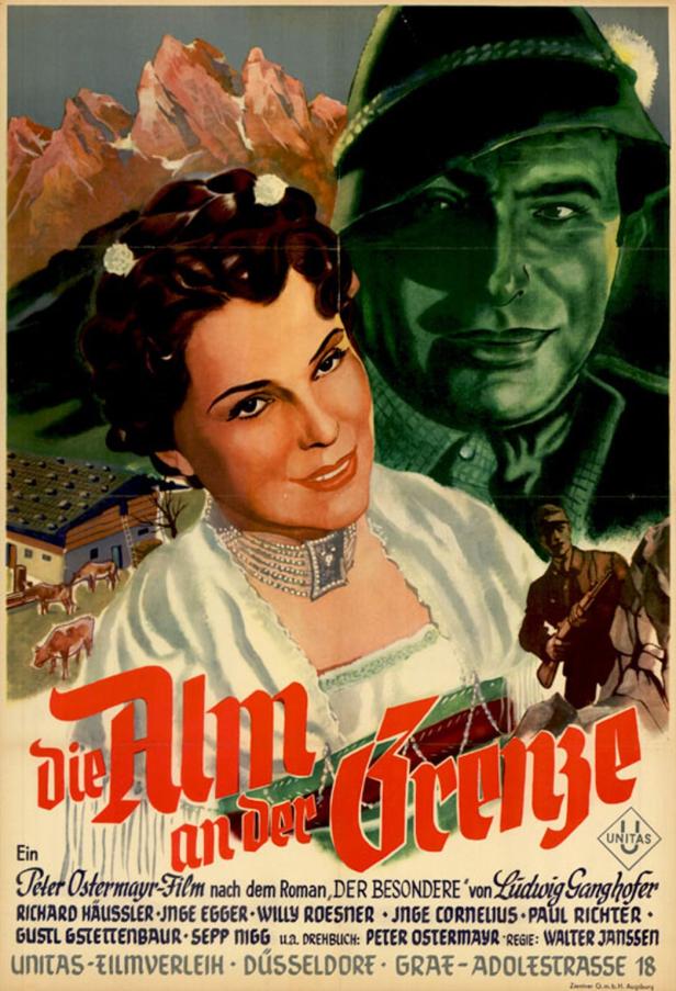 Das Filmplakat für „Die Alm an der Grenze“ zeigt eine Frau, einen Mann mit Hut und eine Berglandschaft.