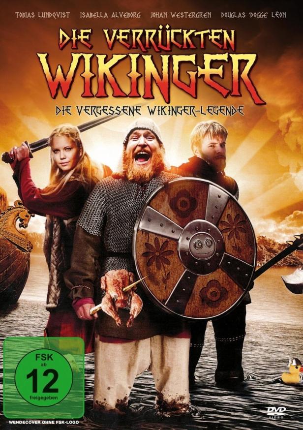 Das Filmplakat für „Die verrückten Wikinger“ zeigt drei Wikinger, von denen einer einen Brathähnchen auf einem Speer trägt.