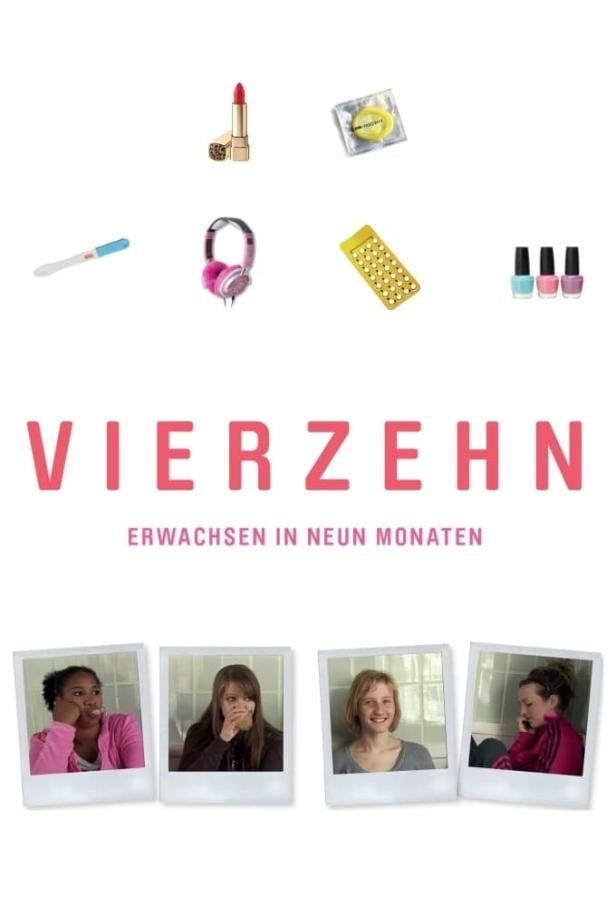 Das Filmplakat für „Vierzehn“ zeigt Teenager-Accessoires und vier junge Frauen.
