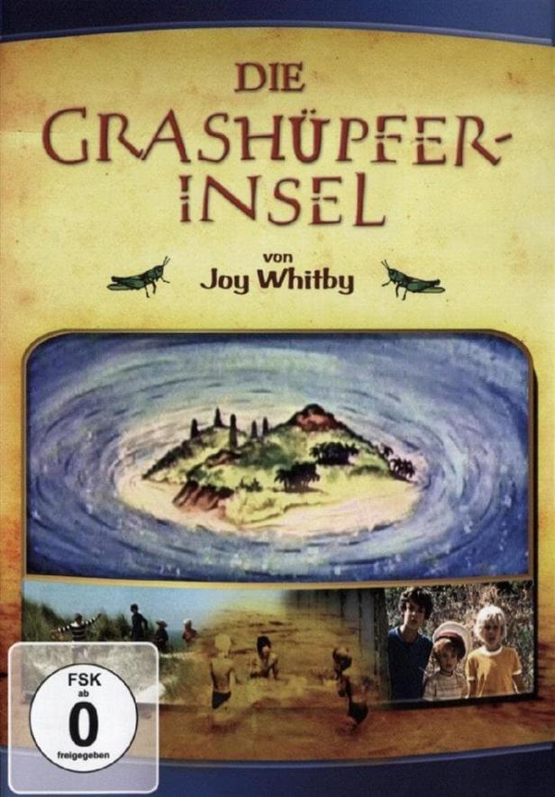 Das Cover des Films „Die Grashüpfer-Insel“ von Joy Whitby mit einer Insel und Kindern am Strand.