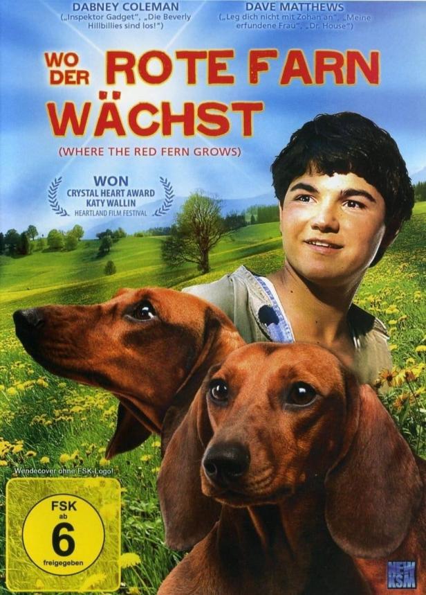 Das Filmplakat für „Wo der rote Farn wächst“ zeigt einen Jungen mit zwei Dackeln.