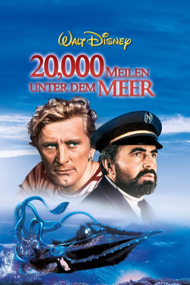 Das Filmplakat für Walt Disneys „20.000 Meilen unter dem Meer“ zeigt Kirk Douglas und James Mason.