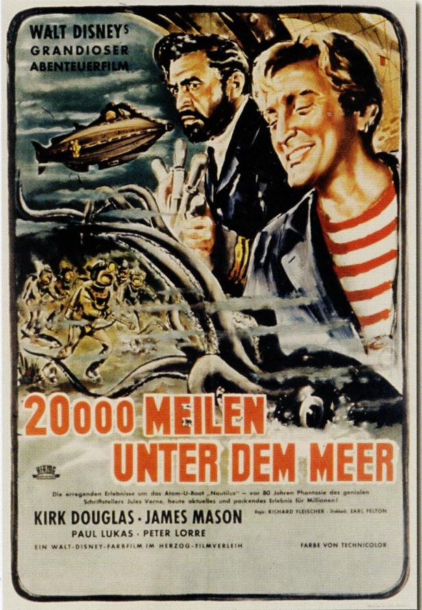 Das Filmplakat für „20.000 Meilen unter dem Meer“ mit Kirk Douglas und James Mason vor einem Kraken.