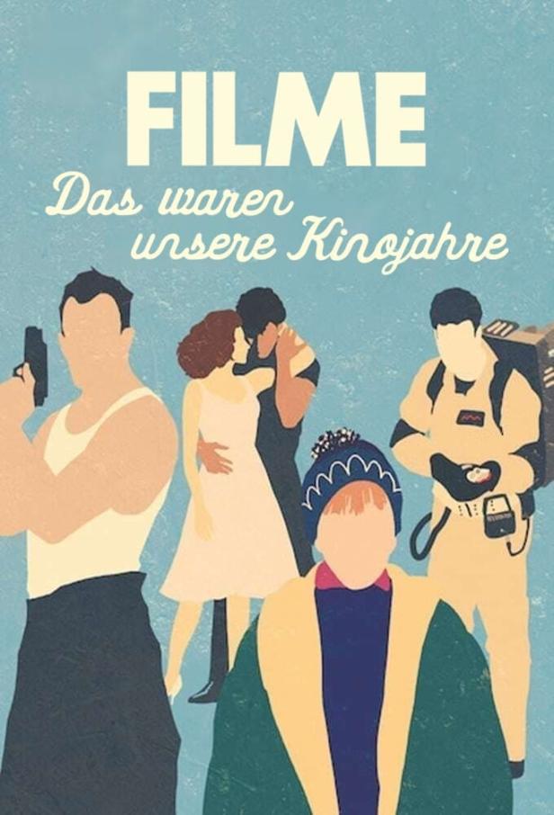 Eine stilisierte Illustration mit Figuren aus bekannten Filmen unter dem Titel „Filme – Das waren unsere Kinojahre“.