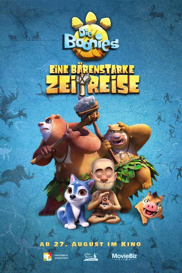 Das Filmplakat für „Die Boonies – Eine bärenstarke Zeitreise“ zeigt die animierten Hauptfiguren.