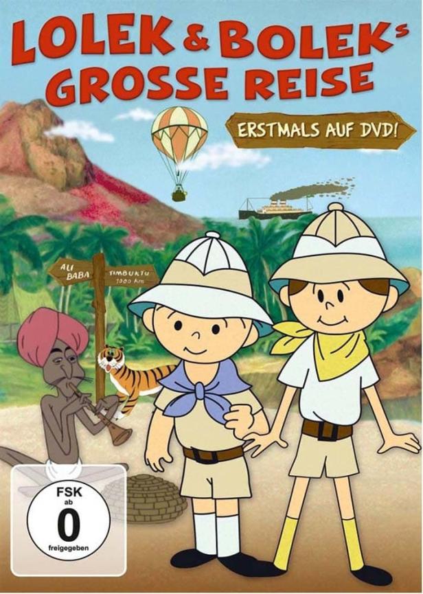 Das Cover von „Lolek & Boleks grosse Reise“ zeigt die Zeichentrickfiguren vor exotischer Kulisse.