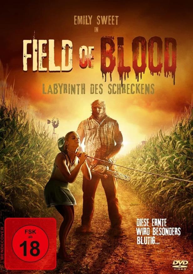 Das Cover des Horrorfilms „Field of Blood: Labyrinth des Schreckens“ zeigt eine bedrohliche Szene auf einem Feld.