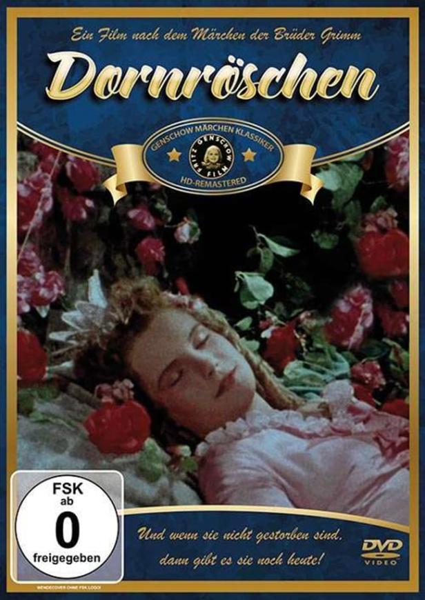 Das Cover des Films „Dornröschen“ zeigt die schlafende Prinzessin, umgeben von Rosen.
