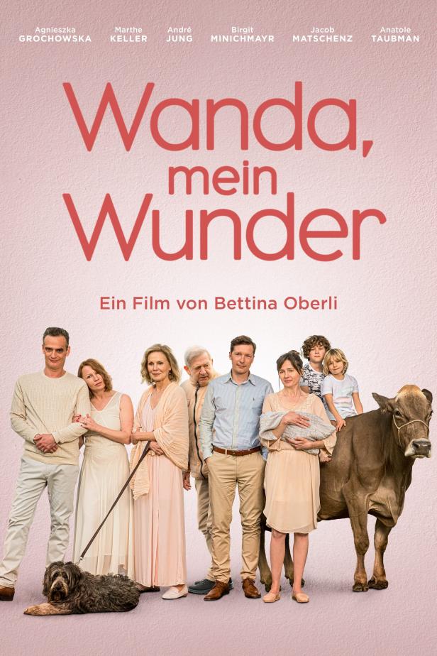 Das Filmplakat für „Wanda, mein Wunder“ zeigt die Besetzung mit einem Hund und einer Kuh.