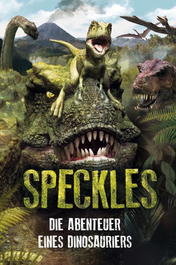 Das Filmplakat für „Speckles: Die Abenteuer eines Dinosauriers“ zeigt verschiedene Dinosaurier in einer Dschungellandschaft.