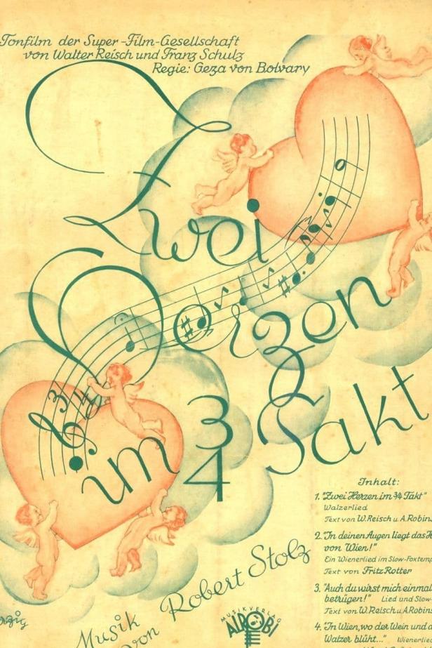 Das Filmplakat für „Zwei Herzen im Dreivierteltakt“ mit Noten, Herzen und kleinen Engeln.