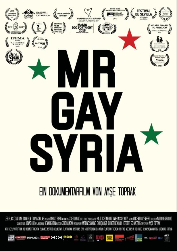 Das Filmplakat für den Dokumentarfilm „Mr. Gay Syria“ von Ayşe Toprak mit Festivalauszeichnungen.