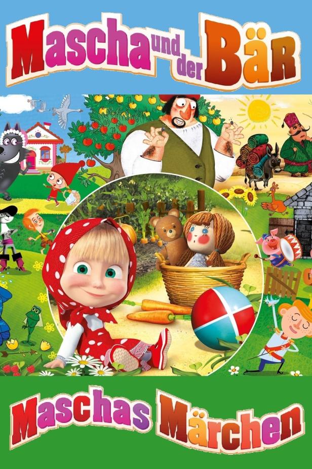 Das Cover von „Maschas Märchen“ zeigt Mascha in einer Märchenwelt mit verschiedenen Figuren.
