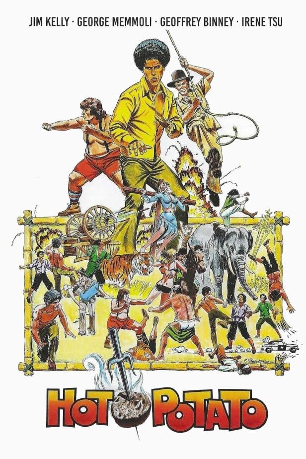 Das Filmplakat für „Hot Potato“ zeigt Jim Kelly und andere in einer actionreichen Szene.